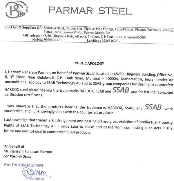 Steelmaker SSAB, the Manufacturer of Hardox® Wear Plate, Cracks Down on Trademark Infringement in India